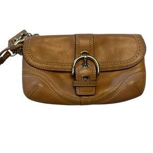 Coach Tan Leather Vintage Clutch Wristlet with Silver Buckle and Wrist Strap